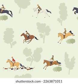 Tradition fox hunting with horse riders english style on landscape, vector seamless pattern