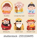 Tradition gods of the Chinese, Buddha, Guanyin, God of longevity, Shouxing, Zhong Ku, Earth god, Tudigong, god of wealth.Graphic Vector