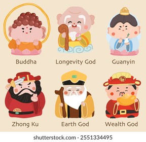 Deuses da tradição do chinês, Buda, Guanyin, Deus da longevidade, Shouxing, Zhong Ku, deus da Terra, Tudigong, deus da riqueza.Vetor gráfico