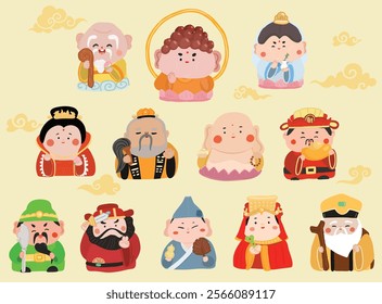 Tradition gods of the Chinese Collection . Buddha, Guanyin, God of longevity, Shouxing, Zhong Ku, Earth god, Tudigong, god of wealth.Maitreya Buddha, Taishang Laojun, The Mad Monk, Jigo. Vector