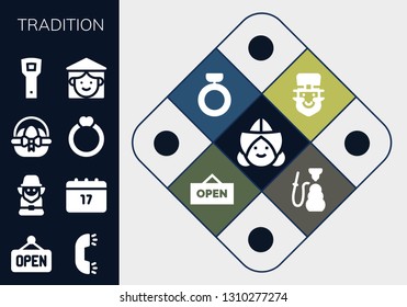 tradition icon set. 13 filled tradition icons.  Collection Of - Dutch, Open, Ring, Leprechaun, Saint Patrick, Easter egg, Opener, Vietnamese, Hookah