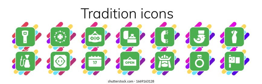 tradition icon set. 14 filled tradition icons.  Simple modern icons such as: Opener, Hookah, Saint Patrick, Dohyo, Open, Ring, Samurai, Cheongsam, China