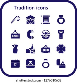  tradition icon set. 16 filled tradition icons. Simple modern icons about  - Candy cane, Vietnamese, Torah, Ring, Open, Easter egg, Opener, Cheongsam, Oktoberfest, Clover, Saint Patrick