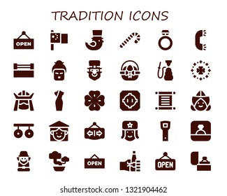tradition icon set. 30 filled tradition icons.  Collection Of - Open, China, Saint Patrick, Candy cane, Ring, Geisha, Leprechaun, Easter egg, Hookah, Samurai, Cheongsam, Clover