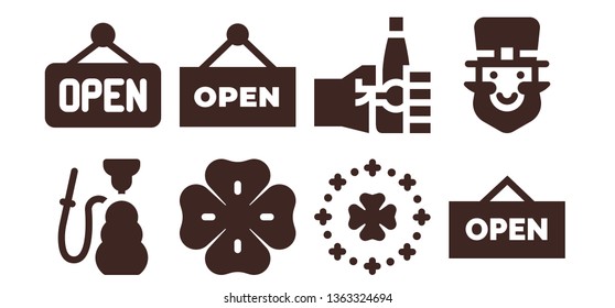 tradition icon set. 8 filled tradition icons.  Collection Of - Hookah, Open, Clover, Saint Patrick, Oktoberfest, Leprechaun