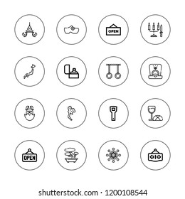 Tradition icon set. collection of 16 outline tradition icons with bonsai, clog, easter egg, last supper, japan, open, opener, ring, rings, ritual, thai icons.