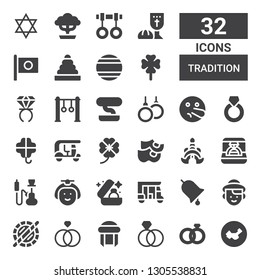 tradition icon set. Collection of 32 filled tradition icons included China, Wedding rings, Ring, Turban, Rings, Holi, Dutch, Tuk tuk, Wedding ring, Japanese, Hookah, Thailand