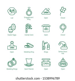 tradition icons. Editable 16 tradition icons. Included icons such as Liar, Engagement ring, Open, Clover, Easter Eggs, Candy Cane, Wedding ring. tradition trendy icons for web.