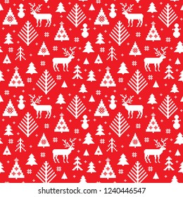 Tradition knitted motives. Winter forest, trees, deers, snowman in red and white. Christmas  and New Year seamless background