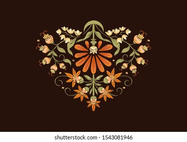 Tradition mughal motif, fantasy flowers in retro, vintage style. Element for design. Embroidery imitation Vector illustration. Isolated on black background