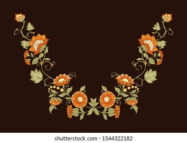 Tradition mughal motif, fantasy flowers in retro, vintage style. Element for design. Embroidery imitation Vector illustration. Isolated on black background