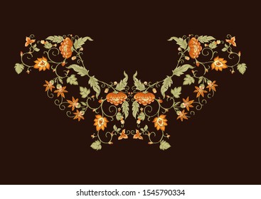 Tradition mughal motif, fantasy flowers in retro, vintage style. Element for design. Embroidery imitation Vector illustration. Isolated on black background