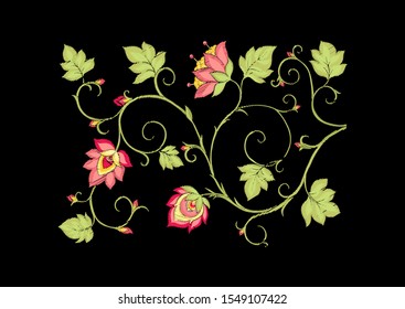 Tradition mughal motif, fantasy flowers in retro, vintage style. Element for design. Embroidery imitation. Vector illustration. Isolated on black background