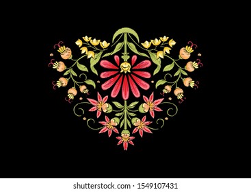 Tradition mughal motif, fantasy flowers in retro, vintage style. Element for design. Embroidery imitation. Vector illustration. Isolated on black background
