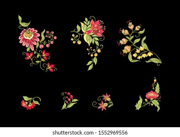 Tradition mughal motif, fantasy flowers in retro, vintage style. Element for design. Embroidery imitation. Vector illustration. Isolated on black background