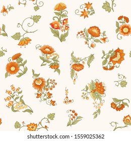 Tradition mughal motif, fantasy flowers in retro, vintage style. Seamless pattern, background. Vector illustration in beige and orange colors.