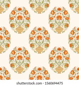 Tradition mughal motif, fantasy flowers in retro, vintage style. Seamless pattern, background. Vector illustration in beige and orange colors..