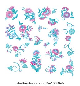 Tradition mughal motif, fantasy flowers in retro, vintage style. Element for design. Vector illustration. Isolated on white background..
