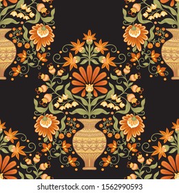 Tradition mughal motif, fantasy flowers in retro, vintage style. Seamless pattern, background. Vector illustration in beige and orange colors.