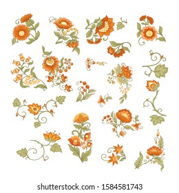 Tradition mughal motif, fantasy flowers in retro, vintage style. Element for design. Vector illustration. Isolated on white background..