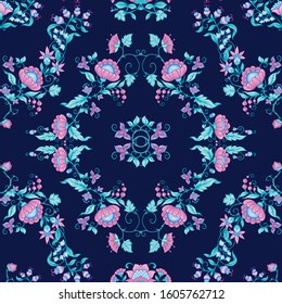 Tradition mughal motif, fantasy flowers in retro, vintage style. Seamless pattern, background. Vector illustration. On blue background