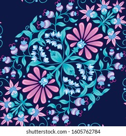 Tradition mughal motif, fantasy flowers in retro, vintage style. Seamless pattern, background. Vector illustration. On blue background