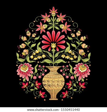 Tradition mughal motif, fantasy flowers in retro, vintage style. Element for design. Embroidery imitation. Vector illustration. Isolated on black background