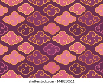 Tradition oriental clouds vector seamless pattern. Chinese and Japanese cloud symbol background. Purple and gold tones