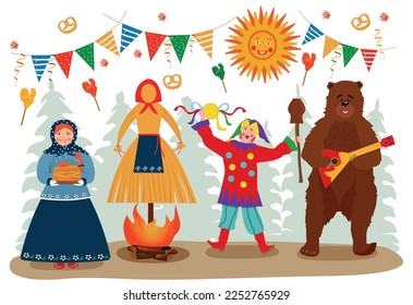 The tradition of the Russian holiday Maslenitsa.   Straw scarecrow, pancakes, jester, bear. Vector illustration.