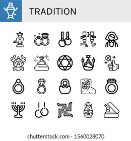 Tradition Simple Icons Set. Contains Such Icons As Samovar, Wedding Rings, Rings, Mosh, Russian, Incense Burner, Diamond Ring, Torah, Hookah, Can Be Used For Web, Mobile And Logo