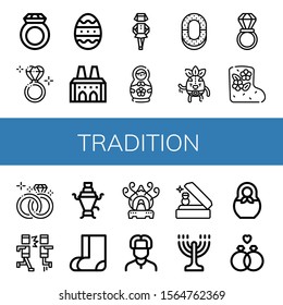 tradition simple icons set. Contains such icons as Ring, Diamond ring, Easter egg, National palace of sintra, Irish, Matryoshka doll, Wrestler, can be used for web, mobile and logo