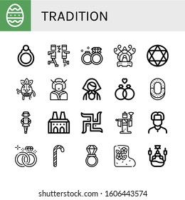 Tradition Simple Icons Set. Contains Such Icons As Easter Egg, Ring, Mosh, Wedding Rings, Incense Burner, Torah, Wrestler, Geisha, Russian, Can Be Used For Web, Mobile And Logo