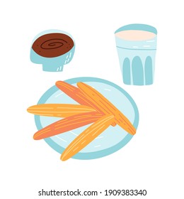 Tradition Spanish, Portuguese or Mexican dessert set. A pastry sweet snack on a dish, chocolate dip in a bowl and a glass of milk. Vector isolated food illustration.