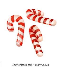 Tradition sweets - red and white candy canes in different rotation. Sugar stick with stripped pattern. Vector illustration isolated on white background, cartoon style