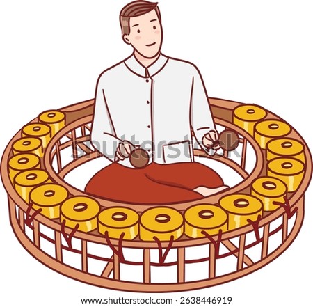 Tradition Thai man playing large circle gong color filled clipart