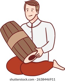 Tradition Thai man playing long drum color filled clipart