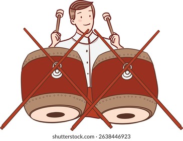 Tradition Thai man playing Pair of drum color filled clipart