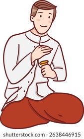 Tradition Thai man playing small cymbals color filled clipart