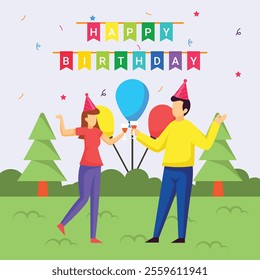 tradition of touching or clinking glasses by couple while celebrating at park concept vector design, special anniversary events card, Cheers another year banner, indoor Party People scene illustration