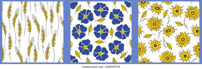 Tradition Ukrainian seamless pattern, wheat, poppy, cornflower and sunflower. Vector illustration global politics, NO WAR, aggression problem picture in continuous line art style