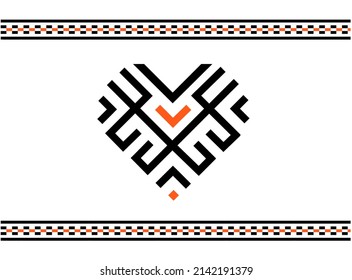 Tradition Ukrainian slavic ornament in vector; Embroidery of heart in black and orange colors on white background