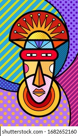 Tradition vintage AFRICAN MASK Modern colourful pop art graphic element for your design. Vector artistic illustration in pop-art comic style.