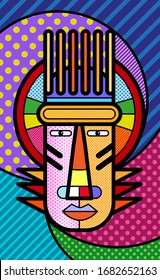 Tradition vintage AFRICAN MASK Modern colourful pop art graphic element for your design. Vector artistic illustration in pop-art comic style.
