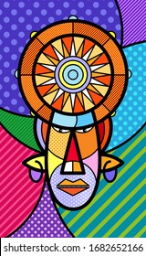 Tradition vintage AFRICAN MASK Modern colourful pop art graphic element for your design. Vector artistic illustration in pop-art comic style.