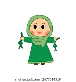 The tradition is to welcome Eid warmly and with enthusiasm. A woman smiles gently while holding a ketupat, a symbol of happiness and brotherhood.