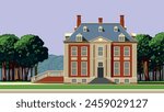 A traditional 18th century English mansion house with a park and trees in the background. Handmade drawing vector illustration.