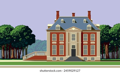 A traditional 18th century English mansion house with a park and trees in the background. Handmade drawing vector illustration.