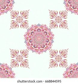 Traditional abstract decor. Ornamental pattern for invitations, greeting cards, wrapping. Vector ornate elements for design. Decorative pink, red and orange seamless pattern on a white background.