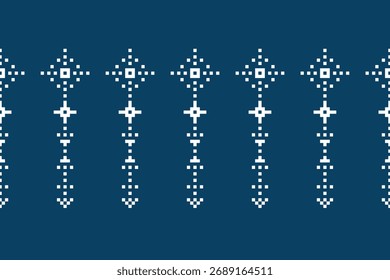 Traditional abstract ethnic pattern traditional motif geometric fabric pattern ikat embroidery oriental pixel blue background color art.