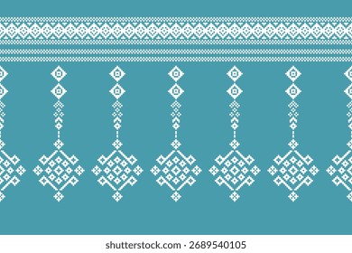 Traditional abstract ethnic pattern traditional motif geometric fabric pattern ikat embroidery oriental pixel blue background design texture.